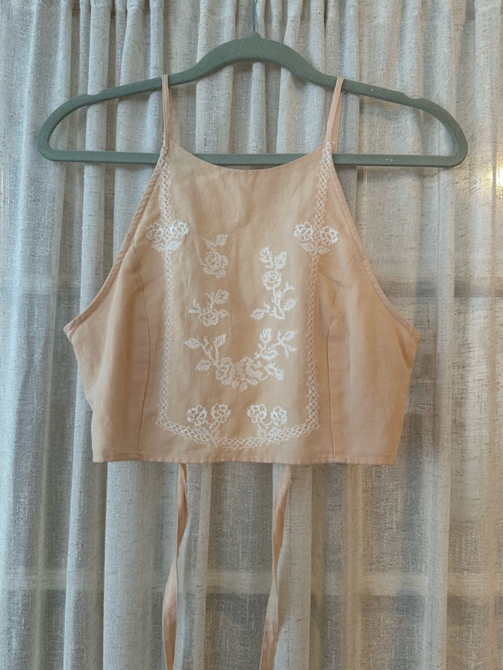 Zara Pale Blush Embroidered Halter Crop Top